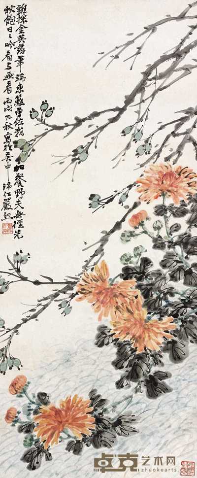 严烈 1946年作 菊花图 立轴 82×34cm